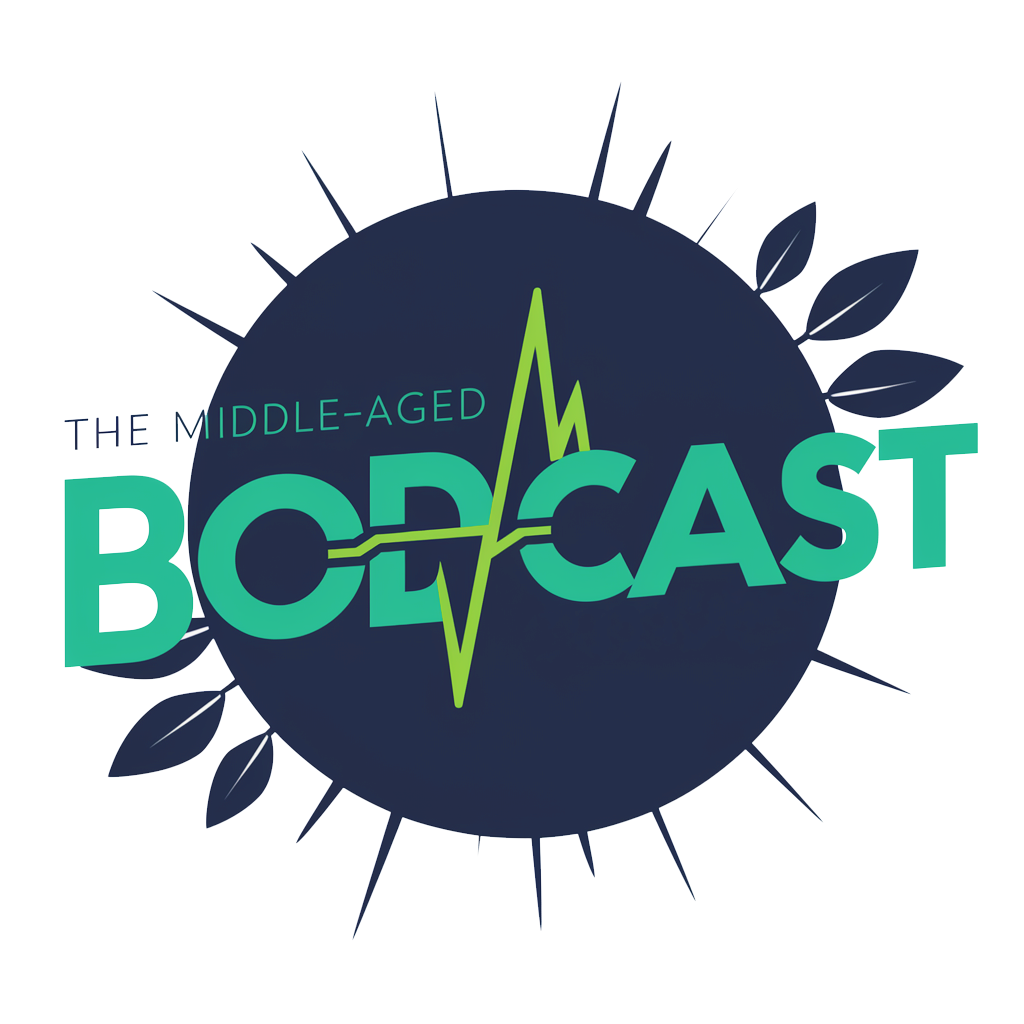 Logo for The Middle-Aged Bodcast. The word ‘BODCAST’ is bold and green with a heartbeat line running through the middle, intersecting a navy circular background with leaf-like accents around the edge. The phrase ‘The Middle-Aged’ appears above in smaller text.