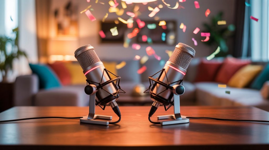 Two studio microphones on a wooden table with colourful confetti falling around them, set in a cosy living room with blurred sofas and cushions in the background.