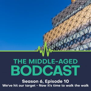 The Library of Birmingham with its distinctive patterned facade against a clear blue sky, representing the city centre finish location for the walk. Overlaid text reads: "The Middle-Aged Bodcast – Season 6, Episode 10: We’ve hit our target – Now it’s time to walk the walk."