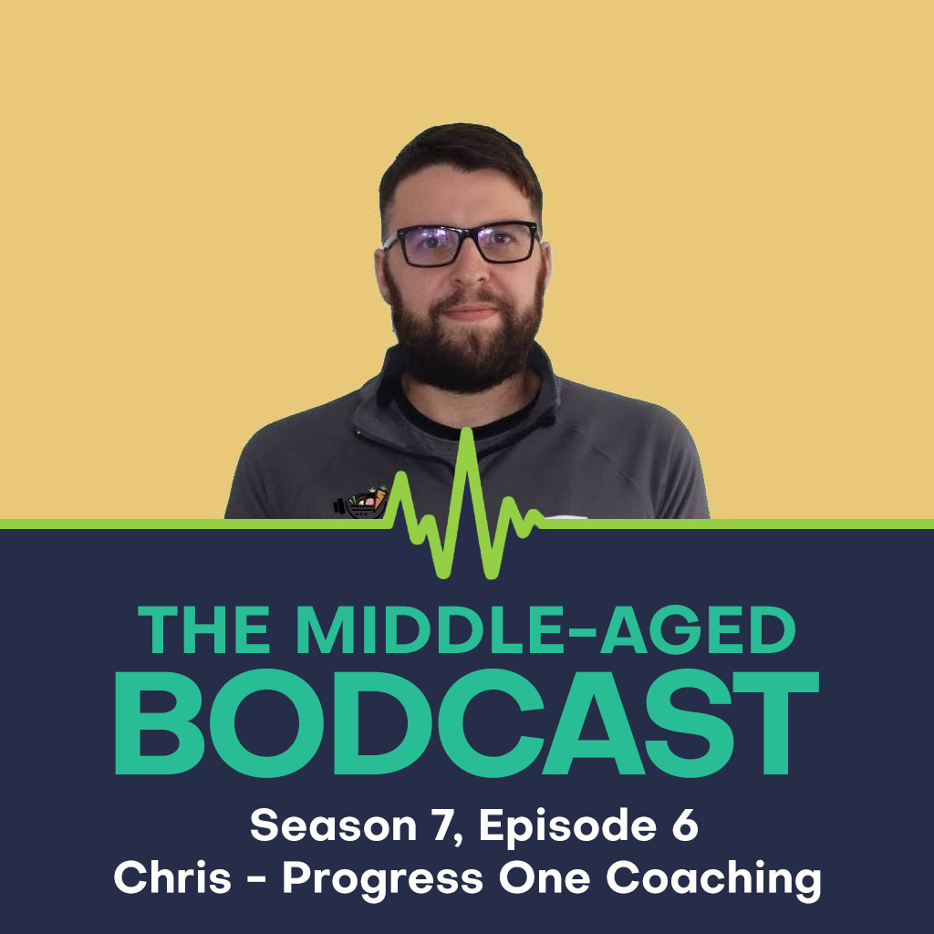 The Middle-aged Bodcast Season 7, Episode 6 artwork featuring a portrait of a bearded man wearing glasses and a dark sports top. Text reads: "Chris - Progress One Coaching."